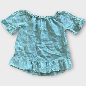 Terzo Millennio Italy Women's Off The Shoulder Ruffle Linen Top Blue Small Shirt